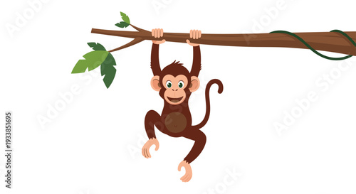 Playful brown monkey character hanging from a sturdy tree branch with a happy and energetic expression on its face.