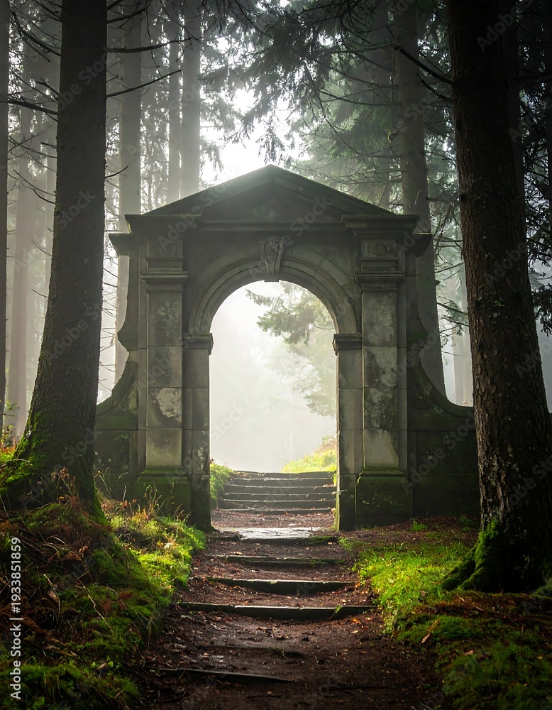 Obraz premium A serene forest path leads to an ancient stone archway