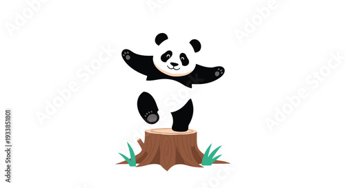 Playful panda bear character balancing on one leg atop a tree stump in a forest setting with a happy and calm demeanor.