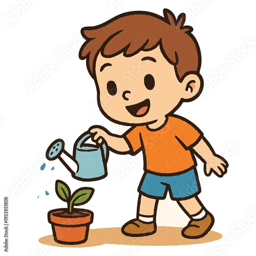 little boy watering plant