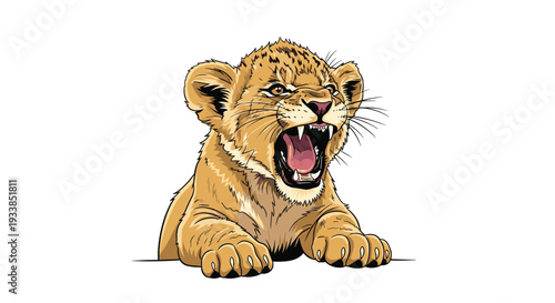 Fierce little lion cub character roaring with its mouth wide open showing tiny teeth while resting on a white surface.