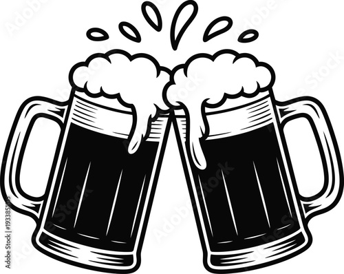 Two foaming beer mugs clinking in a toast gesture featuring black and white vintage woodcut style with liquid splashes for pub and brewery design