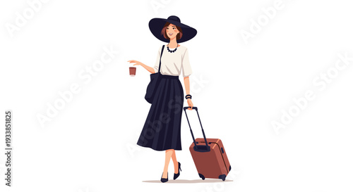 Elegant woman traveler wearing a large black hat and stylish clothes while pulling a suitcase and holding a cup of coffee.