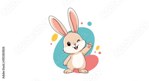 Adorable little bunny rabbit character winking and waving its paw against a colorful background with soft abstract shapes.