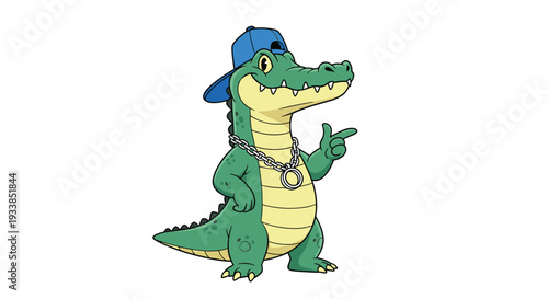 Cool cartoon crocodile wearing a blue baseball cap and a thick silver chain necklace with a confident and hip-hop style.