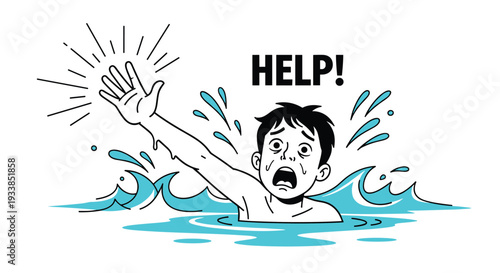 Distressed person struggling in the water and raising a hand high while shouting for help during an emergency drowning situation.