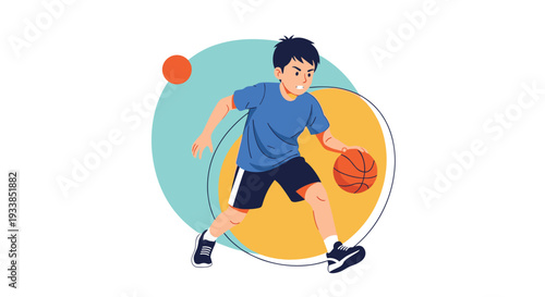 Active young boy dribbling a basketball with focus and determination against a bright background with modern abstract circles.