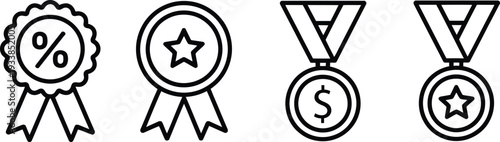 reward icons set featuring percentage discount badge star achievement medal and dollar currency award symbols with ribbons