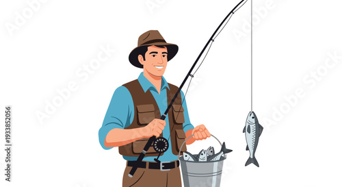 Successful fisherman wearing a vest and hat while holding a rod and a metal bucket overflowing with a fresh catch of fish.