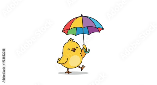 Cute yellow baby chick walking happily under a vibrant multi-colored rainbow umbrella during a light spring rain shower.