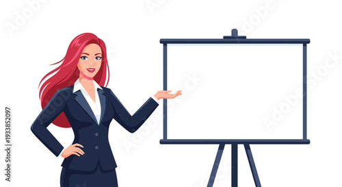 Confident professional woman with long red hair standing next to a blank white flip chart board ready for a presentation.