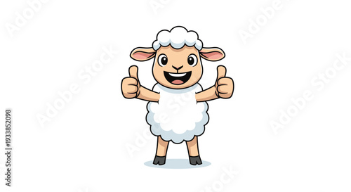 Happy white sheep character standing on two legs and giving a double thumbs up gesture with a very friendly and joyful smile.