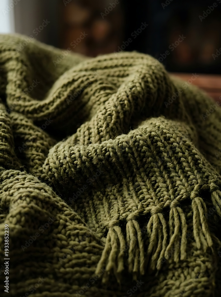 Fototapeta premium Close-up of an olive green knitted blanket with fringe detail in warm, low light
