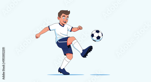 Athletic young boy in a white and blue soccer kit kicking a ball with skill and excitement on a light blue background.