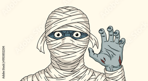 Spooky Egyptian mummy character with glowing eyes and bandages reaching out its gray hand toward the viewer in a dark scene.