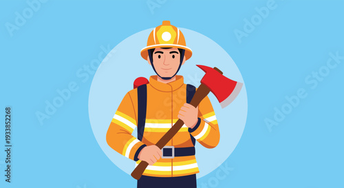 Brave firefighter character in protective yellow uniform holding a red axe and smiling confidently against a blue circle.
