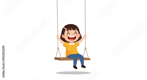 Cheerful young girl with short dark hair sitting on a wooden swing and laughing with joy isolated on white background.
