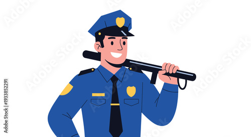 Friendly police officer character in a blue uniform carrying a black baton over his shoulder and smiling on white background.