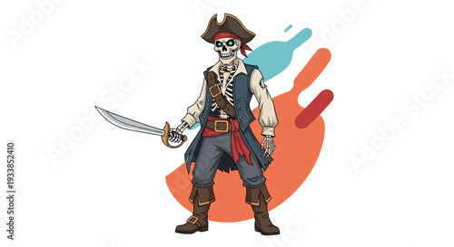 Spooky skeleton pirate character wearing a hat and captain outfit holding a sharp sword on abstract background.