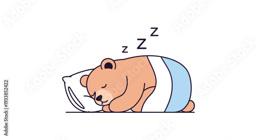 Cute little bear character sleeping peacefully on a pillow with a blanket and dream bubbles on a white background.