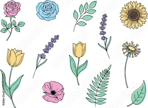 An assortment of colorful flowers and leaves are illustrated in a simple style on a clean background from a direct viewpoint.