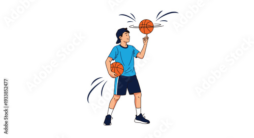 Skillful boy character spinning a basketball on his finger and holding another one under his arm on white background.