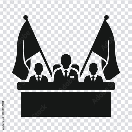 Silhouette of businessmen sitting at a desk with two flags behind them