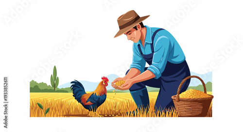 Hardworking farmer character wearing a hat and overalls kneeling in a field and feeding a colorful rooster grain.