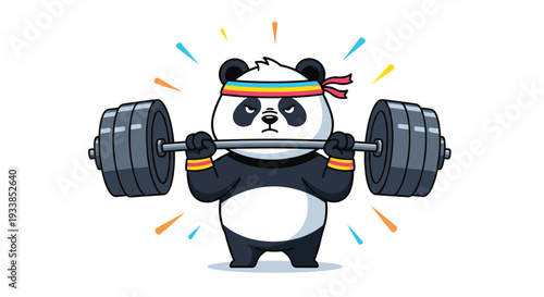Determined panda bear character wearing a headband and lifting a heavy barbell with colorful energy rays.