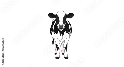 Front view of a black and white spotted dairy cow character standing calmly and looking at the camera on white.