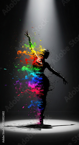 Colorful silhouette dancer expressing motion in spotlight  