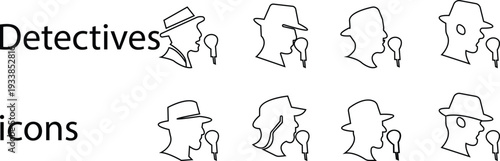Detective Icon set with hat, Sherlock Style Silhouette, Mystery Investigation Symbols, Anonymous invisible character Crime Scene Clues, Forensic Evidence, Private Investigator Logo for Web App Design