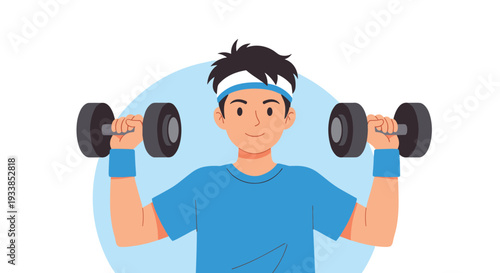 Young man with a blue headband and wristbands happily lifts heavy dumbbells while exercising for strength and physical fitness.