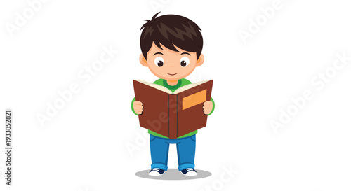 Young boy standing and holding a large brown book while reading with focus and curiosity in a clean cartoon illustration.