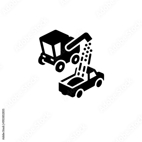 Industrial black and white icon of a combine harvester discharging grain through an auger into a transport truck, symbolizing the harvesting process and agricultural logistics