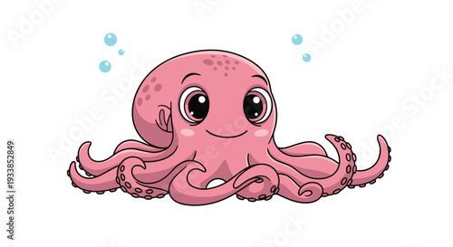 Adorable pink octopus with large eyes and multiple tentacles smiles while floating in water with small blue bubbles around it.