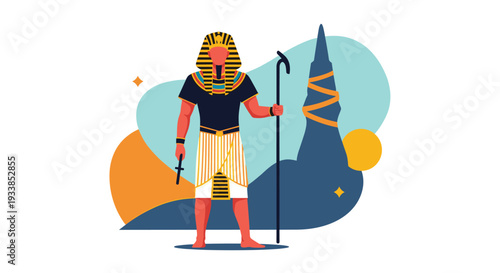 Ancient Egyptian pharaoh standing tall with a golden headpiece and staff against a stylized desert background with a pyramid.
