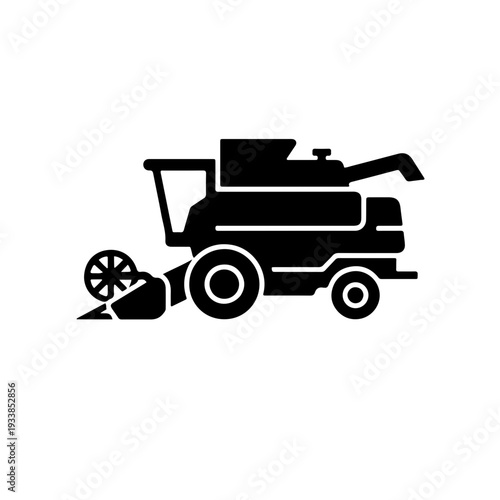 Minimalist side-view silhouette of a modern combine harvester, featuring the cabin, grain tank, and header in a clean vector style