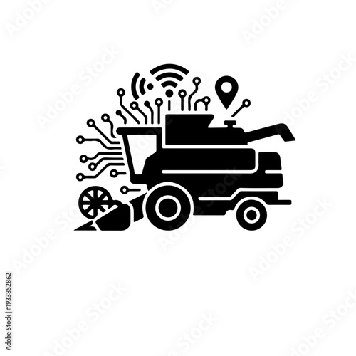 Combine harvester icon integrated with digital technology symbols, representing smart farming, precision agriculture, and modern agritech solutions