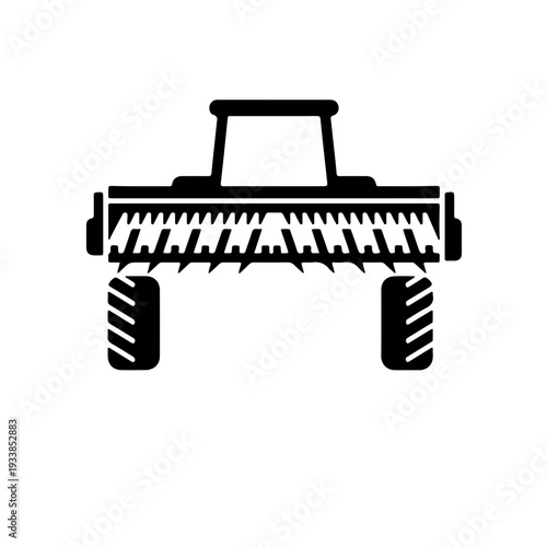 Bold black and white illustration of a modern grain harvester header unit, showcasing the serrated cutter bar and symmetrical design
