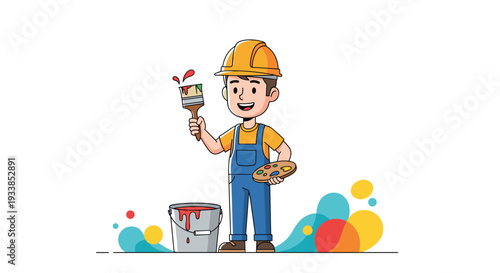 Happy construction worker wearing a hard hat and overalls holds a paintbrush and palette with colorful paint splashes around him.