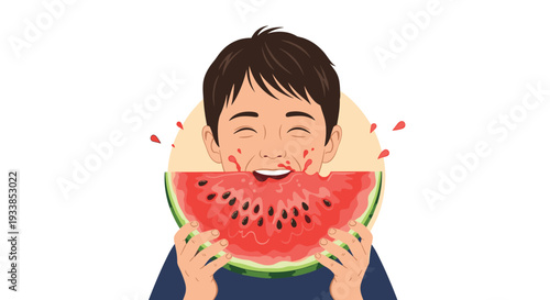 Happy young boy with his eyes closed enjoys eating a large slice of juicy red watermelon on a warm and sunny day.