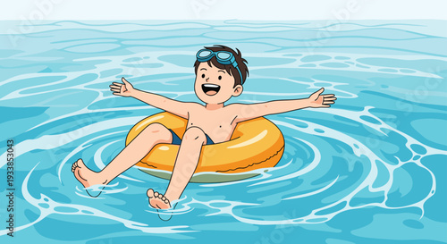 Cheerful boy floating on a yellow inflatable ring in clear blue water with his arms outstretched and a big smile.