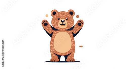 Friendly brown bear with its arms raised and a big smile stands in a welcoming pose against a white background.
