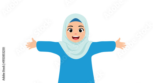 Smiling woman wearing a light blue hijab and dress opens her arms wide in a very welcoming and friendly gesture.