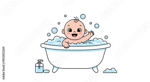 Happy baby sitting in a white bathtub filled with soap bubbles waves its hand while surrounded by floating bubbles.