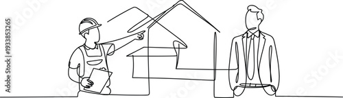 Property inspection line illustration, contractor with clipboard and client in suit, house evaluation, construction planning, real estate assessment concept design