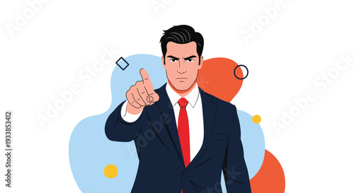 Angry businessman wearing dark blue suit and red tie pointing his finger forward with an upset facial expression.