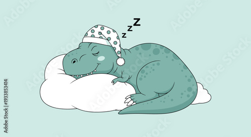 Cute green tyrannosaurus rex dinosaur wearing polka dot nightcap while sleeping peacefully on soft white cloud.