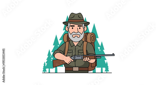 Senior hunter with grey beard wearing hat and backpack holding hunting rifle while standing near green pine trees.